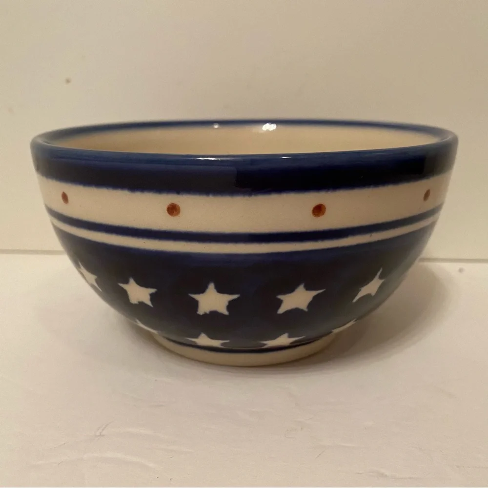 POLISH POTTERY BOWL BLUE WHITE STARS HANDMADE HOME DINING CEREAL FRUIT DINNER